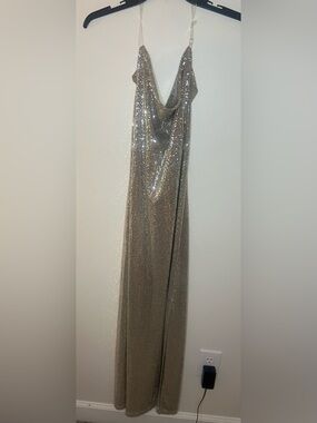 Bebe Silver Sequin Maxi Dress NWT Gold Underlay Glam Evening Gown Size M